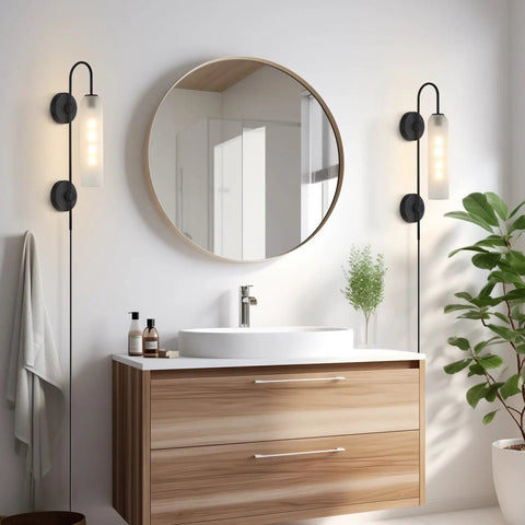 Black Plug In Wall Lights For Bedroom And Living Room, Frosted Milky White Glass Sconce Decor next to bathroom mirror and sink