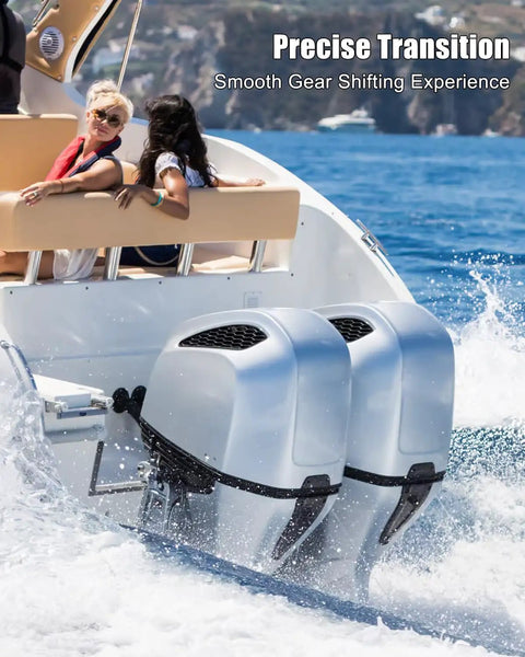 Two people on a boat powered by twin outboard engines, using 10Foot Throttle And Shift Remote Control Cable for smooth shifts.