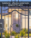 Heavy Duty Gate Lock Kit With CL610 Keyless Entry And Marine Grade Finish close-up on coded lock installed on decorative metal gate.