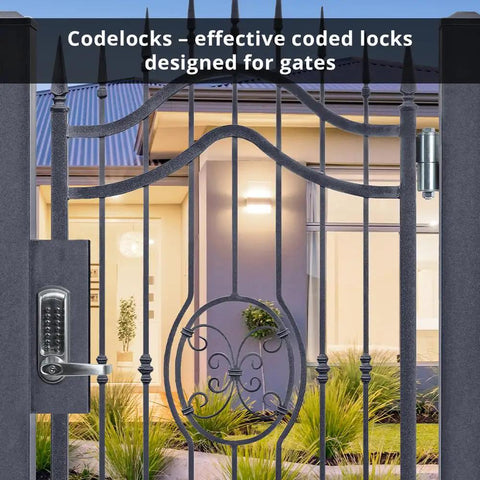 Heavy Duty Mechanical Gate Lock Kit with Slick Brushed Finish and Easy Keyless Entry Access Code for Metal Gates on decorative gate.