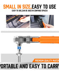 Ultra Low Profile 23 Piece Mini Ratchet Screwdriver Set shown in orange, demonstrating ease of use in tight spaces and portability.