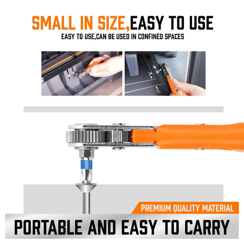 Ultra Low Profile 23 Piece Mini Ratchet Screwdriver Set shown in orange, demonstrating ease of use in tight spaces and portability.