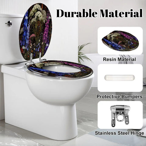 Elongated Botanical Stained Glass Garden Wildflowers Ornate Toilet Seat with resin material and soft-close hinge
