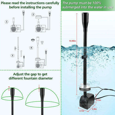 Diagram of Submersible Pond Fountain Pump with Lit LED Lights, 15W 800 Liters Per Hour Flow, nozzle installation guide