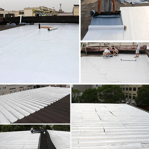 Self Adhesive Roof Sealant Tape For Camper Leaks And Concrete Cracks Featuring Sbs Modified Bitumen Waterproof Membrane Roll being applied on flat roof.