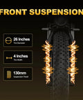 Front suspension of Dual Motor Electric Bike For Adults With 5000W Peak Power And 45 MPH Top Speed showing 26 inch tire and details