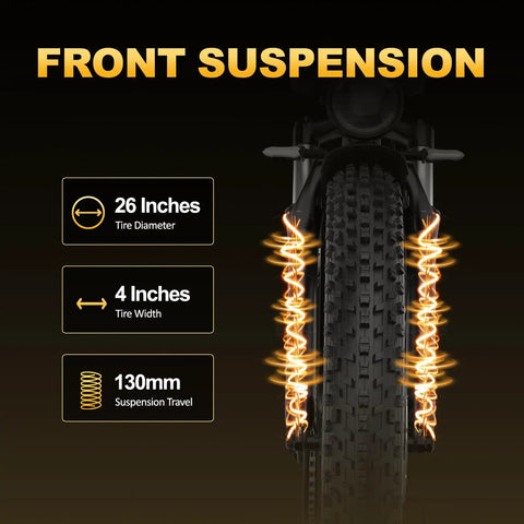 Front suspension of Dual Motor Electric Bike For Adults With 5000W Peak Power And 45 MPH Top Speed showing 26 inch tire and details