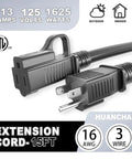 Indoor Outdoor Waterproof Extension Cord 15 Feet 16 Gauge SJTW 3 Prong Flexible Cold Weather Resistant Appliance Cable ETL