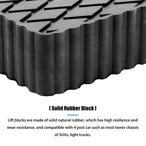 Close-up of a solid rubber car lift pad with textured surface, part of a 4 Pack Solid Rubber Car Lift Pads Heavy-Duty Anti-Slip Jack Lift Blocks with 3000 lb load capacity.