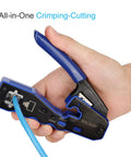 RJ45 Crimping Tool Set For Cat5e Cat6 Cat6A Cat7 Ethernet Pass Through Connectors in hand during cable insertion