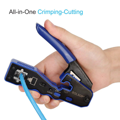 Hand using RJ45 Crimping Tool Set For CAT5 To CAT7 Cables, Pass-Through Connectors, And RJ11/RJ12 with blue handle.