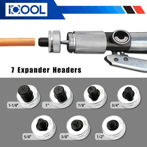 Heavy Duty Pro Grade Hydraulic Tube Expander Swaging Kit with Cutter and Deburring Tool, showcasing 7 expander heads.