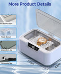 High Frequency Ultrasonic Jewelry Cleaner Machine 48KHz Killer Clean For Rings Necklaces Eyeglasses Watches And Dentures Digital Timer Four Time Modes 304 Stainless Steel Tank Thirteen Point Five Oz Capacity, open lid showing watch inside, 304 stainless steel details