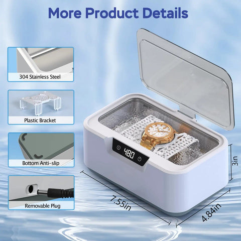 High Frequency Ultrasonic Jewelry Cleaner Machine 48KHz Killer Clean For Rings Necklaces Eyeglasses Watches And Dentures Digital Timer Four Time Modes 304 Stainless Steel Tank Thirteen Point Five Oz Capacity, open lid showing watch inside, 304 stainless steel details