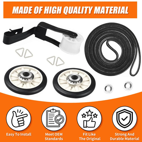Dryer Repair Kit with Belt, Idler Pulley, Drum Roller Replacement for major dryers, includes 92-1/4 inch belt, 691366 pulley, 349241T roller