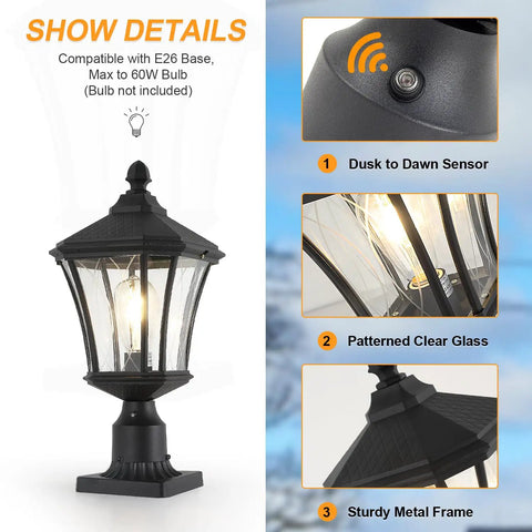 Dusk To Dawn Outdoor Post Lights With Pier Mount Base In Black Weatherproof Aluminum 20 Inch Exterior Pillar Coach Light