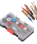 Heavy Hitter Electric Drill Wire Stripper Attachment with colorful size collars and cut wires for stripping insulation on solid cords.