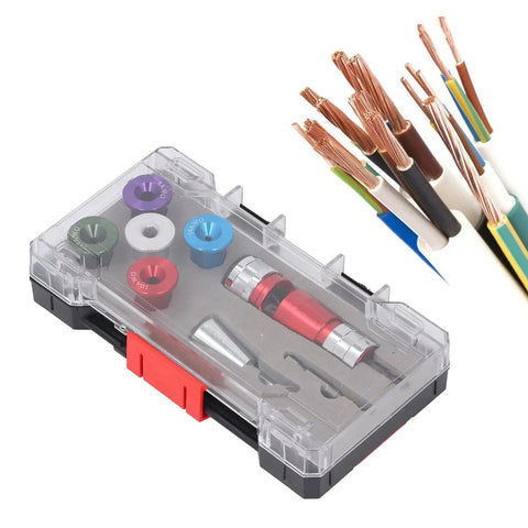 Heavy Hitter Electric Drill Wire Stripper Attachment with colorful size collars and cut wires for stripping insulation on solid cords.