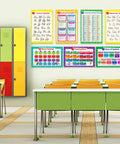 Classroom with 32 Colorful Kid Friendly Educational Posters Set For Kids With 59 Designs In 17x11 Inches including alphabets and grammar.