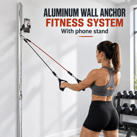 Wall Mounted Fitness Anchor System With Heavy Duty Resistance Band Mount And 40 Inch Dual Rail Setup For Compact Home Gyms in use.