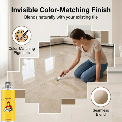 Woman using All-In-One Tile Repair Kit For Cracks And Chips, Quick-Drying Glue With Color-Matching Paste on marble floor.