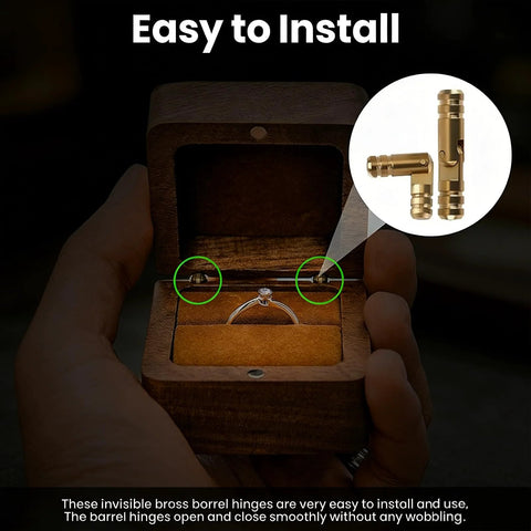 Image showing a 20 Pc Mini Brass Barrel Hinges Set For DIY Crafts Perfect For Wooden Jewelry Boxes Small Cabinets And Cases Hidden Concealed Hinges 0.16 x 0.79 Inches Durable Easy Install Hardware For DIY Junkies installed in a wooden jewelry box.