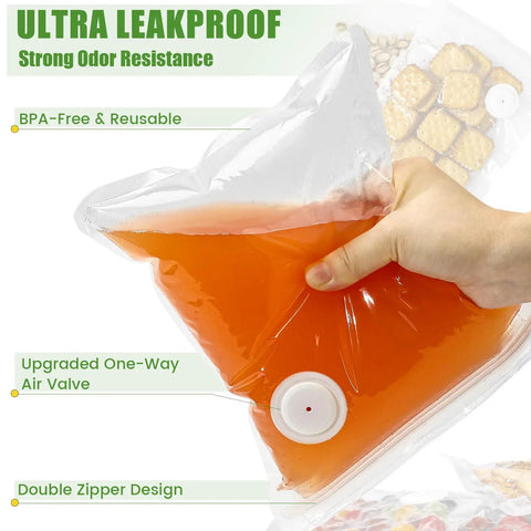60 Pack Reusable Vacuum Sealer Bags BPA Free For Freezer Storage showing ultra leakproof design with liquid inside