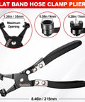 Flat band hose clamp pliers from the Four Piece Radiator Hose Clamp Pliers Set With Long Reach 27 Inch Wire Spring Flat Band Remover And Clic R Type Hand Tools For Automotive Cooling Systems, showing 215mm length and adjustable tips.