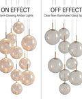 Top Shelf Modern Crackle Glass Sphere Pendant Cluster Integrated Led Brass Finish Adjustable Cord Lighting For Duplex Staircases Heavy Duty Mounting Is Big Time Game Changer displayed with lights on and off, showcasing amber glow and clear glass.