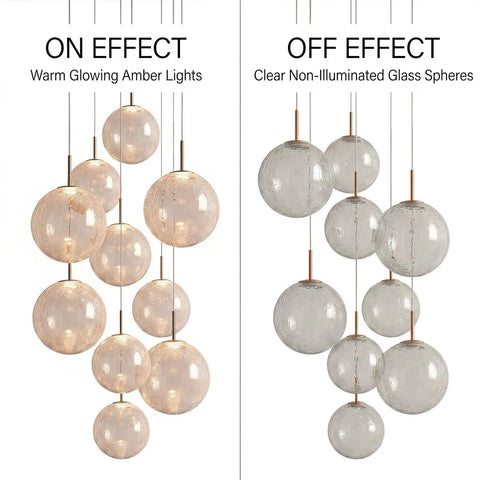 Top Shelf Modern Crackle Glass Sphere Pendant Cluster Integrated Led Brass Finish Adjustable Cord Lighting For Duplex Staircases Heavy Duty Mounting Is Big Time Game Changer displayed with lights on and off, showcasing amber glow and clear glass.