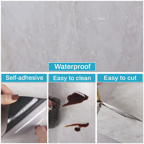 Grey Marble Peel And Stick Floor Tiles 32 Pack 12x12 Inches Waterproof Self Adhesive Vinyl Flooring For Bathroom Kitchen Bedroom Laundry Room Basement Easy Removable Durable Tiles showing waterproof and self-adhesive features.