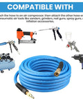 3/8 Inch Air Hose 50 Foot Pro Grade Heavy Duty Hybrid Compressor Hose With Flexible Lightweight Build coiled with tools