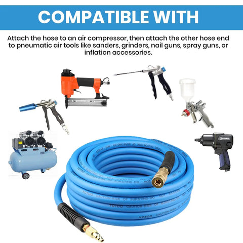 3/8 Inch Air Hose 50 Foot Pro Grade Heavy Duty Hybrid Compressor Hose With Flexible Lightweight Build coiled with tools