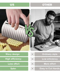 Stainless steel crinkle cutter with black ergonomic handle slicing wavy-cut potatoes on a cutting board; vs ordinary cutter