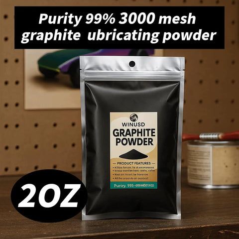 2 oz bag of Ultra Fine Graphite Powder Lubricant For Pinewood Derby Axles And Wheels, 3000 mesh, purity 99% on a workbench