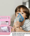 Child using an inhaler next to pink Carrying Case For Portable Handheld Inhaler Nebulizer Machine, Compact Protective Travel Organizer