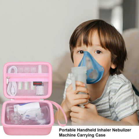 Child using an inhaler next to pink Carrying Case For Portable Handheld Inhaler Nebulizer Machine, Compact Protective Travel Organizer