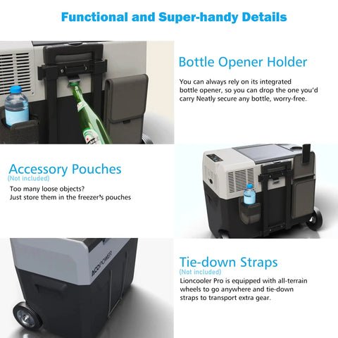 App Controlled Electric Cooler And Freezer, 52 Quart Portable Compressor Fridge For Cars And Rv, featuring bottle opener and pouches.