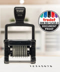 Heavy Duty Eight Band Self Inking Number Stamp With Slick Stainless Steel Dials And Killer Bold Black Ink on paper with numbers.