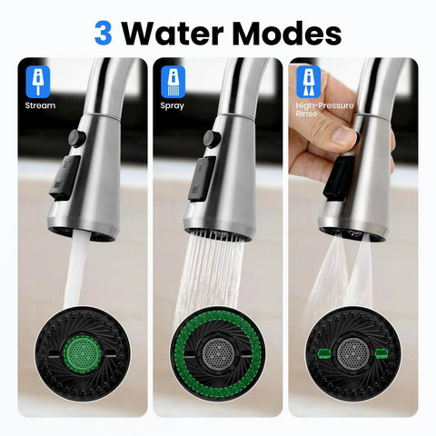 Top Shelf Pull Down Faucet Sprayer Head Replacement Heavy Duty Rust Resistant Stainless Steel With Nine Quick Snap Adapters For Hassle Free Kitchen Sink Swaps Brushed Nickel water modes display with stream, spray, high-pressure rinse settings.