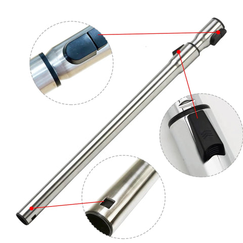 Miele Vacuum Extension Wand 35mm Stainless Steel Telescoping Tube with close-up details of locking mechanism and adjustment buttons.