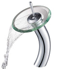 Tall Waterfall Vessel Sink Bathroom Faucet With Glass Disk In Chrome Finish flowing water from tempered glass disk