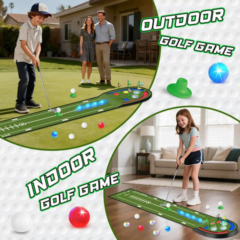 Kids Golf Putting Mat 7.8 Ft With LED Light Up Holes Glowing Balls Two Clubs Indoor Outdoor Toy Golf Game Set For Fam Fun