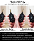Dual Mode Wireless Guitar System UHF With 100ft Range And Rechargeable Li Battery Plug And Play For Guitar Bass Violin And Keyboard Crystal Clear Sound With Latency Under 4ms And Auto Pairing, showing plug and play feature.