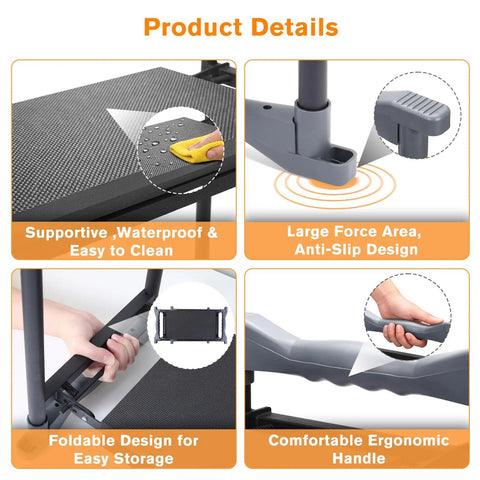 Ultimate Garden Kneeler And Seat With Extra Wide 10 Inch EVA Pad, Heavy Duty Foldable Bench details showing waterproof pad and anti-slip leg.