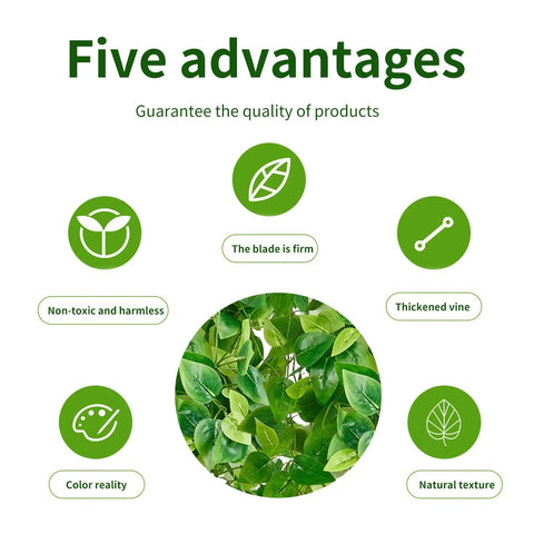 Infographic showing five features of Three Pack Artificial Hanging Plants Ivy Vines, including non-toxic and natural texture.