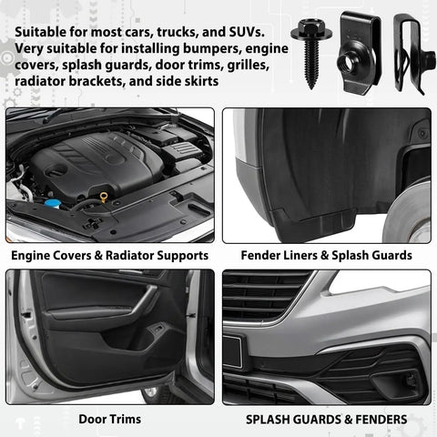 Heavy Duty Fifty Piece Quarter Inch Automotive Body Bolt And U Nut Clip Fastener Kit showing engine covers, fender liners, door trims and splash guards.