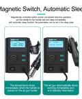 858D Plus Lead Free Hot Air Desoldering Station with LCD Digital Display showing sleep mode and air gun