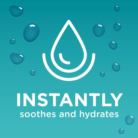 Instant soothes and hydrates text with water droplets around, promoting Hydrating Eye Drops With Hyaluronate For Dry Eyes, Instant Soothing Relief.