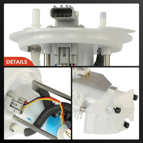 Electric Fuel Pump Assembly With Sending Unit For Ford Expedition 2005 2006 2007 2008 And Lincoln Navigator 2007 2008 5.4L V8 Gas Engine Replace 7L1Z9H307B 8L1Z9H307A. Close-up and side views of pump components and wiring.